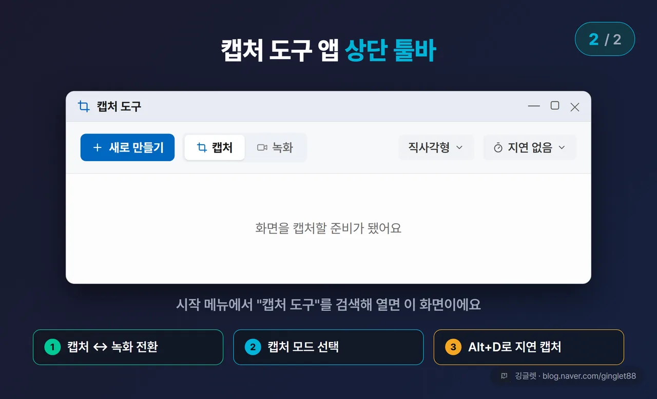 캡처 도구 앱 상단 툴바 UI 목업 — 새로 만들기·캡처↔녹화 전환 토글·모드 드롭다운·지연 드롭다운 콜아웃 (시리즈 2/2)