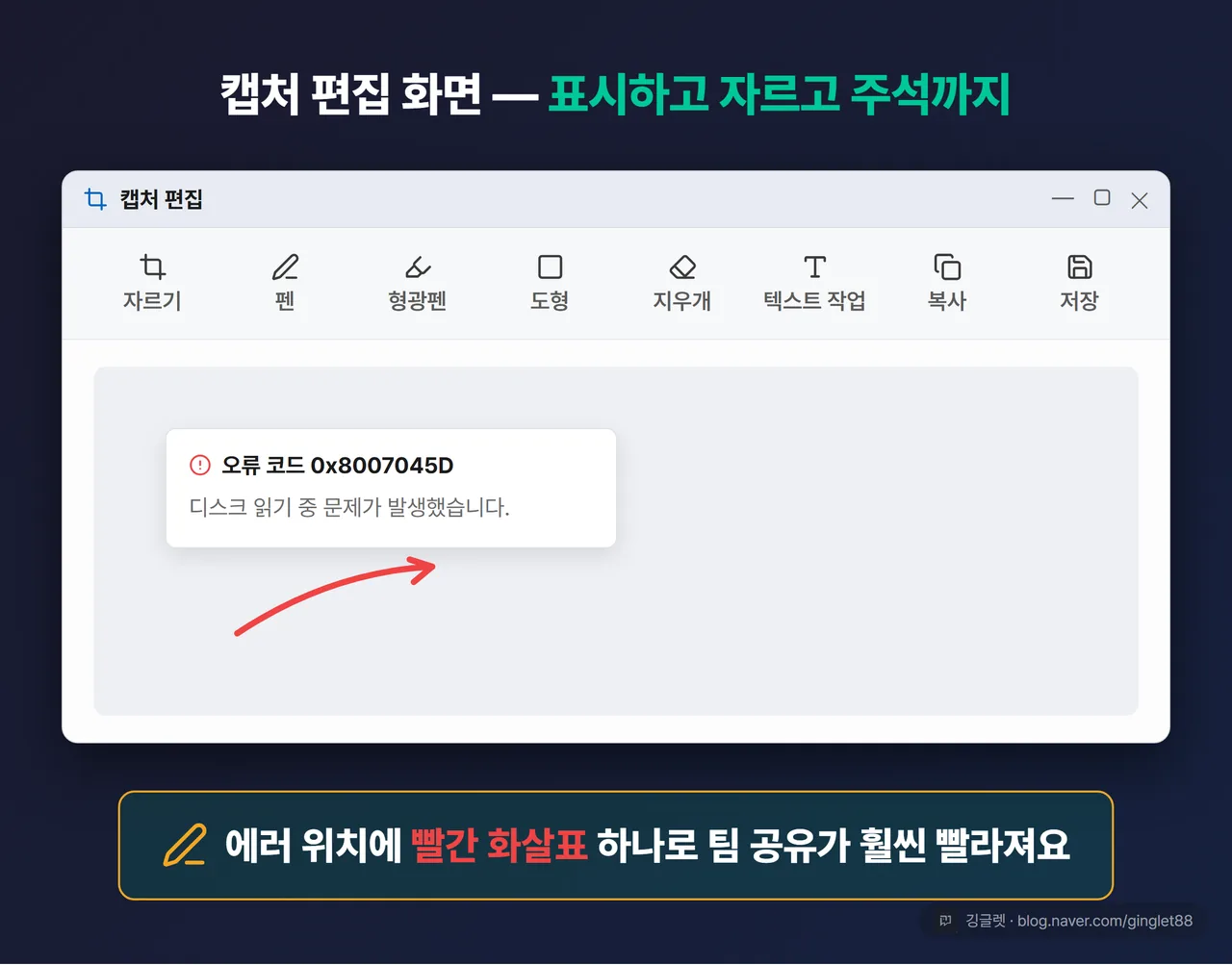 캡처 도구 편집 화면 UI 목업 — 상단 편집 툴바(자르기·펜·형광펜·도형·지우개·텍스트 작업·복사·저장), 캔버스엔 화살표 주석 예시