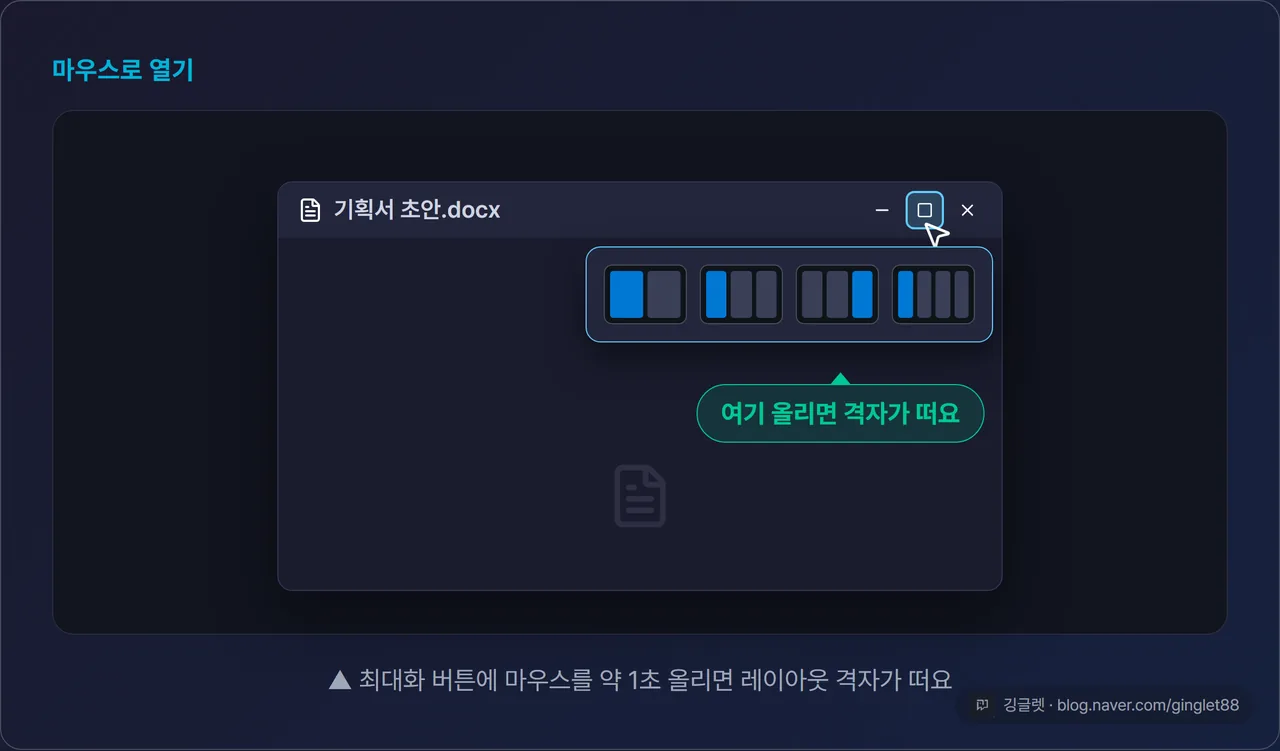 창 우상단 최대화 버튼에 마우스를 올렸을 때 뜨는 스냅 레이아웃 격자 팝업의 윈도우 11 UI 목업 + “여기 올리면 격자가 떠요” 콜아웃