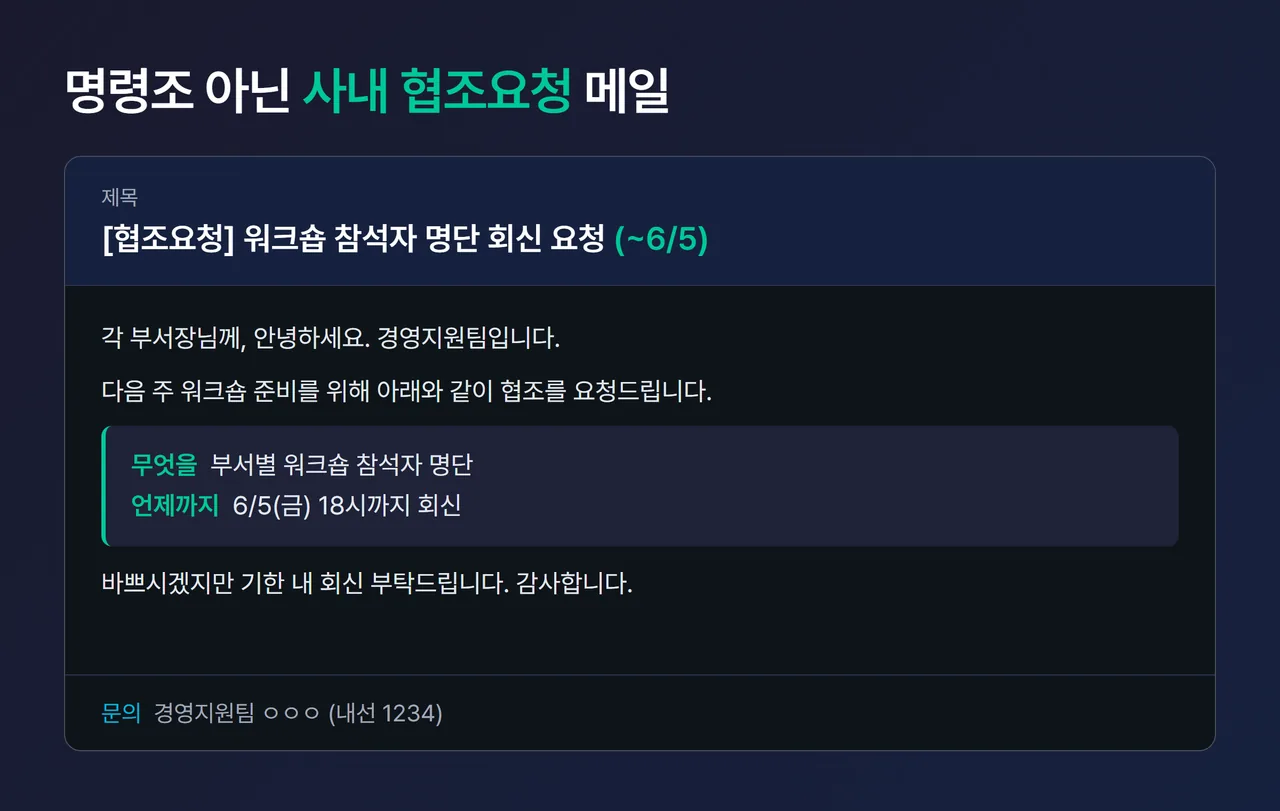 사내 협조요청 메일 결과 화면 캡처, 제목·요청사항·문의처가 보임