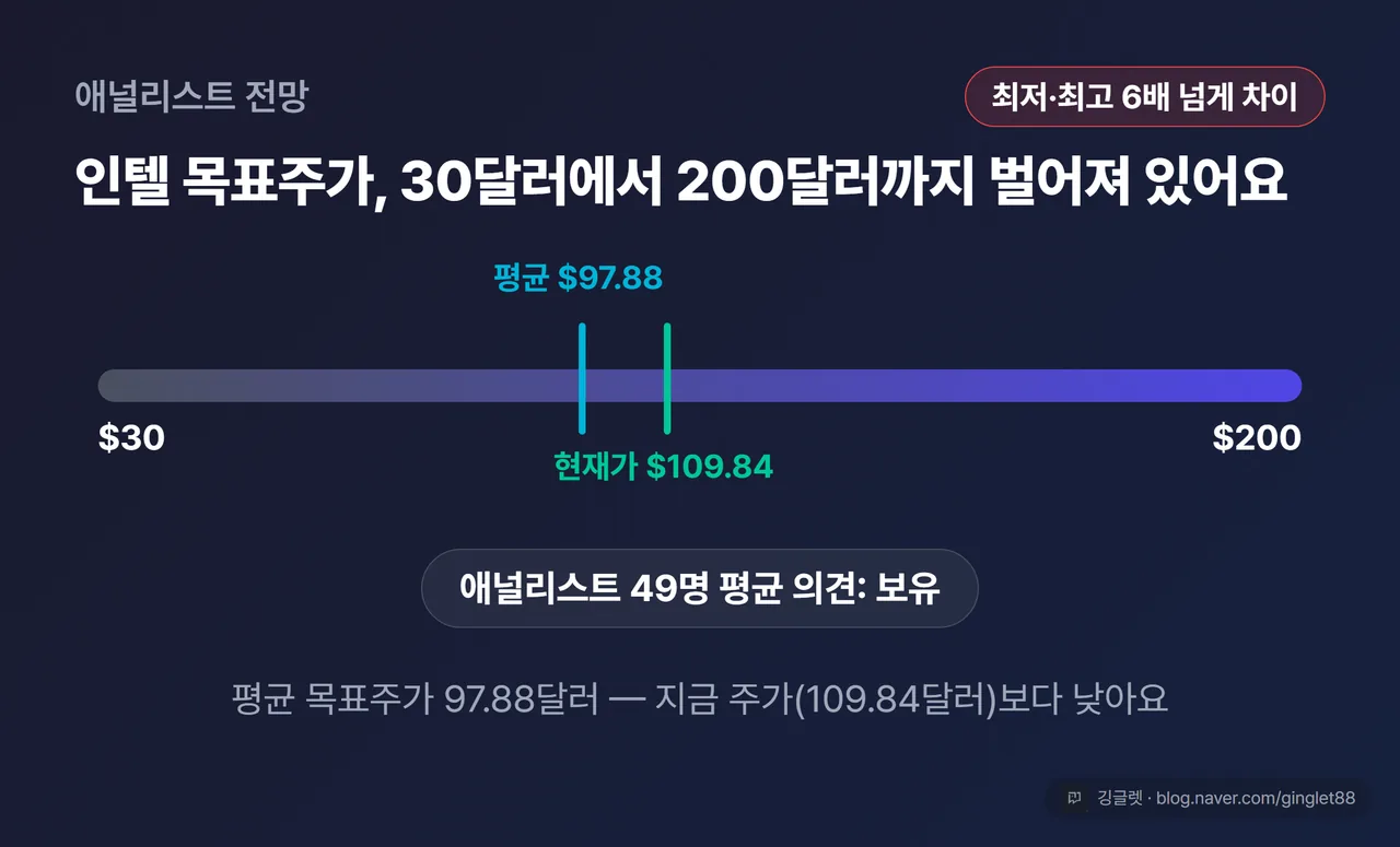 목표주가 분산 범위 그래프 - 30달러에서 200달러까지 벌어진 분포, 평균 97.88달러 현재가 109.84달러