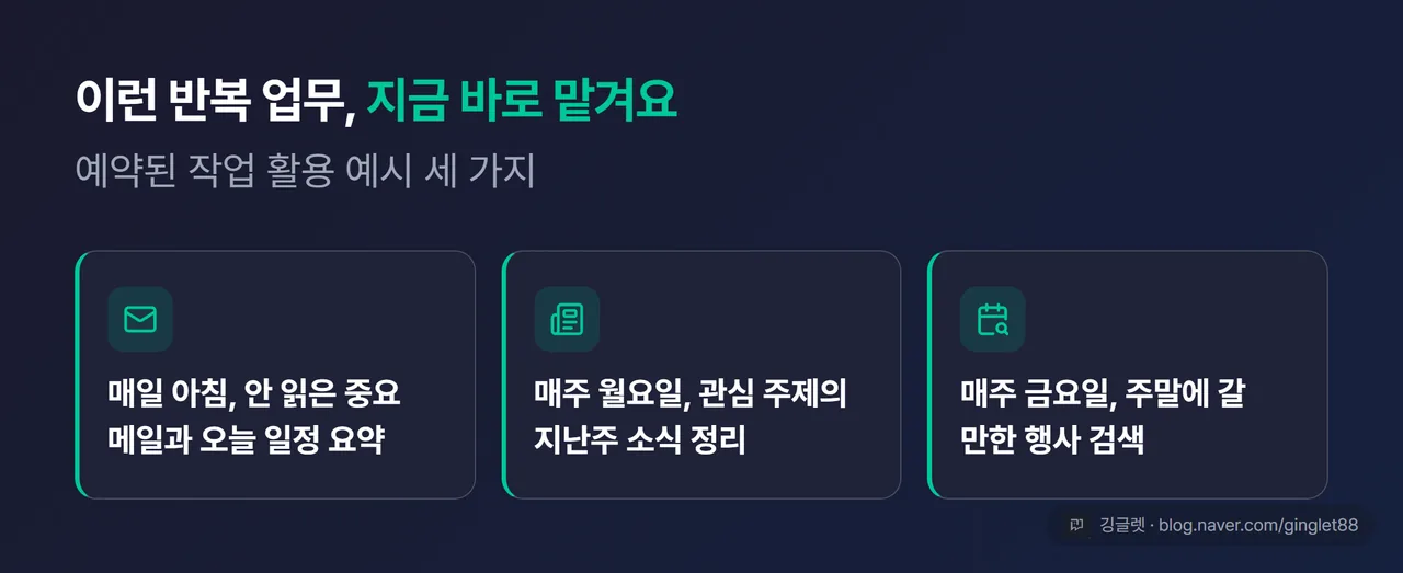 예약된 작업 활용 예시 카드 — 아침 메일·일정 요약 / 매주 관심 소식 / 금요일 주말 행사 검색 3가지