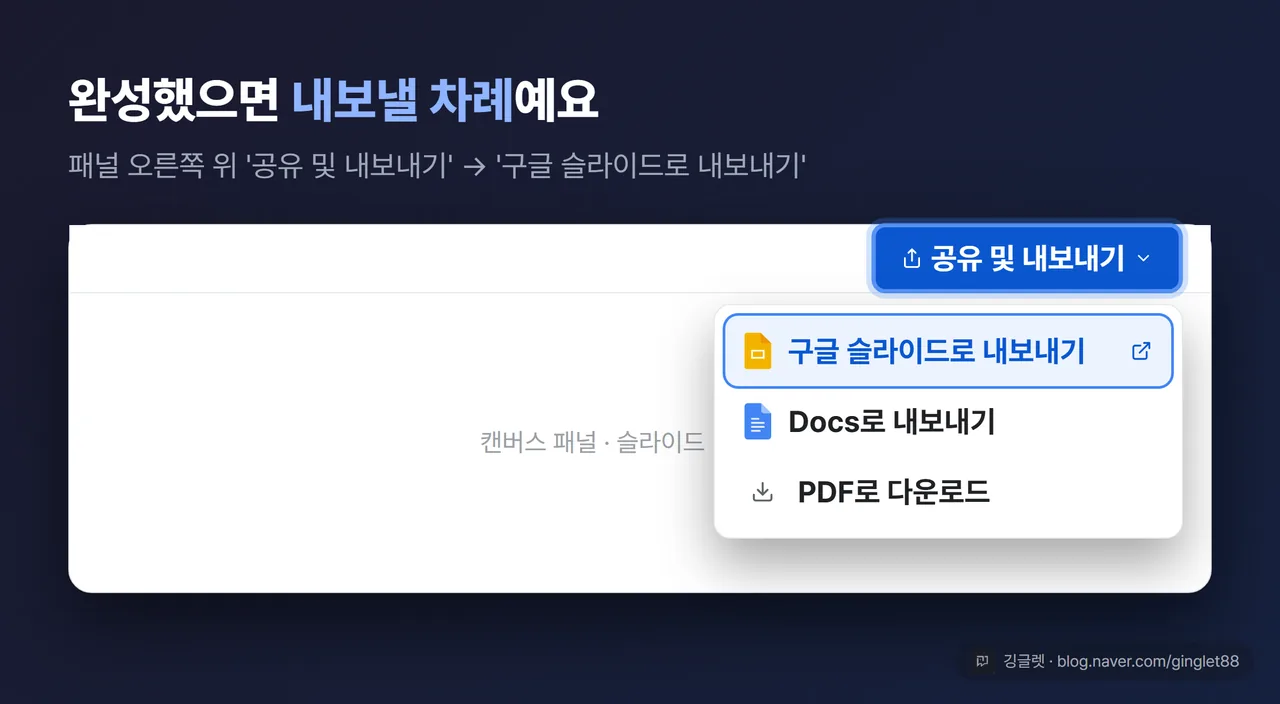 패널 우측 상단 ‘공유 및 내보내기’ 클릭 → ‘구글 슬라이드로 내보내기’ 항목이 강조된 드롭다운 목업