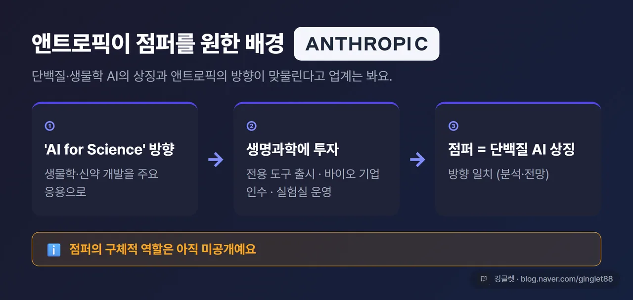 인포그래픽 - “앤트로픽이 점퍼를 원한 배경” ① ‘AI for Science’ 방향(생물학·신약개발) ② 생명과학 도구·바이오 인수·실험실 운영 ③ 점퍼=단백질 AI 상징 → 방향 일치(분석·전망). 하단에 “구체 역할은 미공개” 라벨