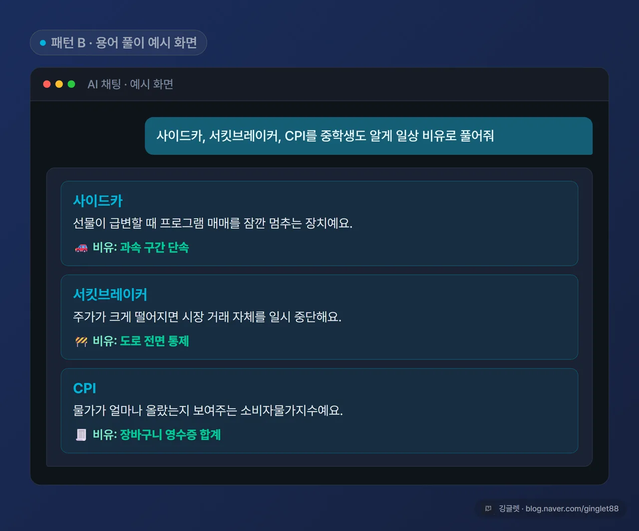 AI 화면 캡처 - “사이드카·서킷브레이커·CPI”를 일상 비유와 함께 풀이한 답변 화면
