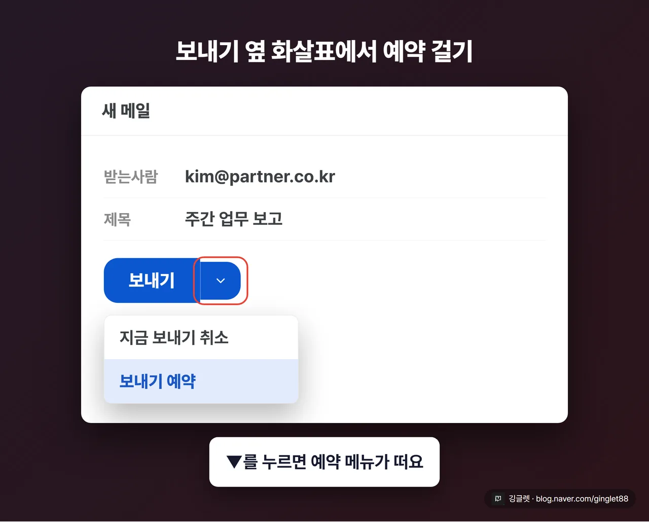 역할=흐름 | PC 메일 작성창 하단 목업. 파란 ‘보내기’ 버튼과 바로 옆 ▼ 화살표를 크게, ▼를 누르면 뜨는 “보내기 예약” 메뉴를 콜아웃. 작성창 안 예시는 받는사람 “kim@partner.co.kr”, 제목 “주간 업무 보고”로 실제 텍스트