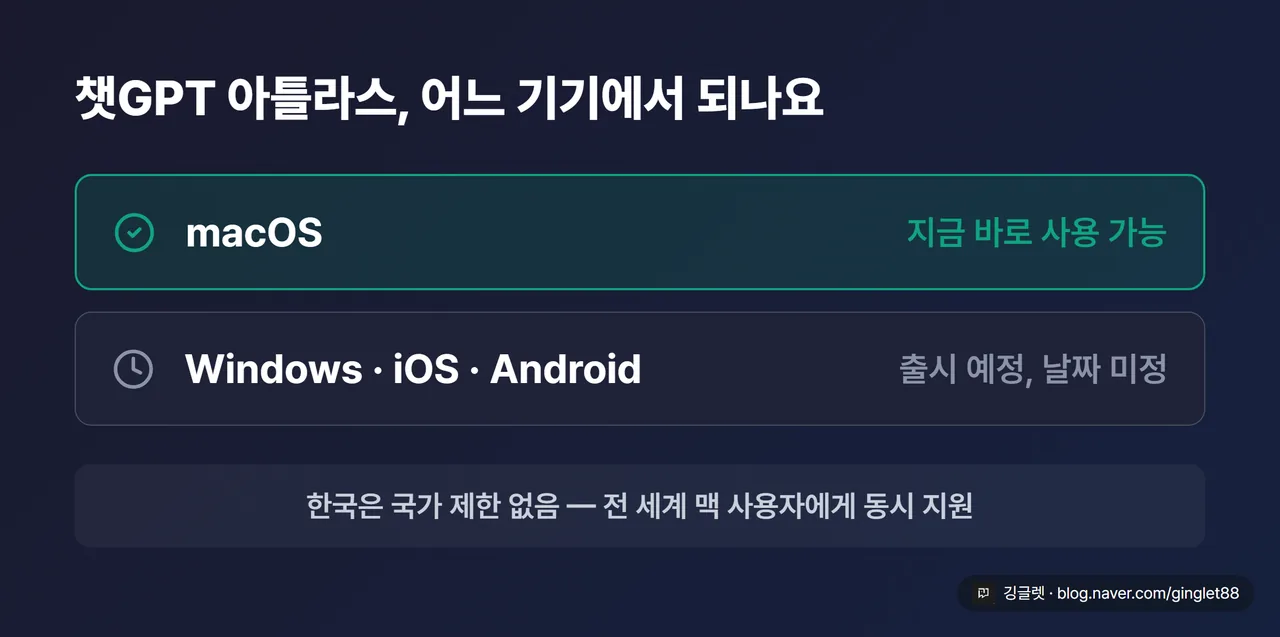 역할=요약 - 지원 OS 안내 카드. macOS 항목에 초록 체크와 “지금 바로 사용 가능”, Windows·iOS·Android 항목에 회색 시계 아이콘과 “출시 예정, 날짜 미정”. 하단에 “한국은 국가 제한 없음” 한 줄