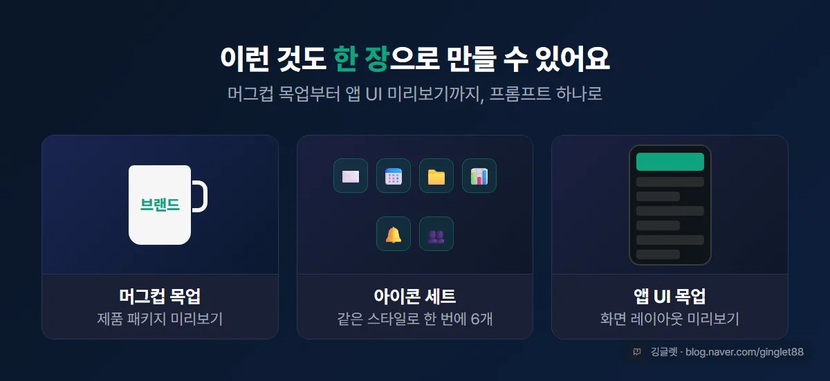 ChatGPT 제품 목업 예시 그리드 — 머그컵, 아이콘 세트, 앱 UI 목업