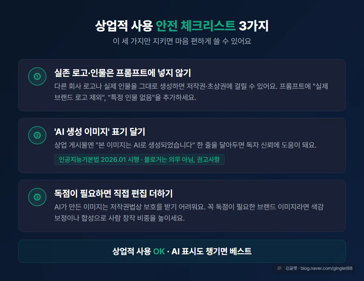상업적 사용 안전 체크리스트 3가지 인포그래픽