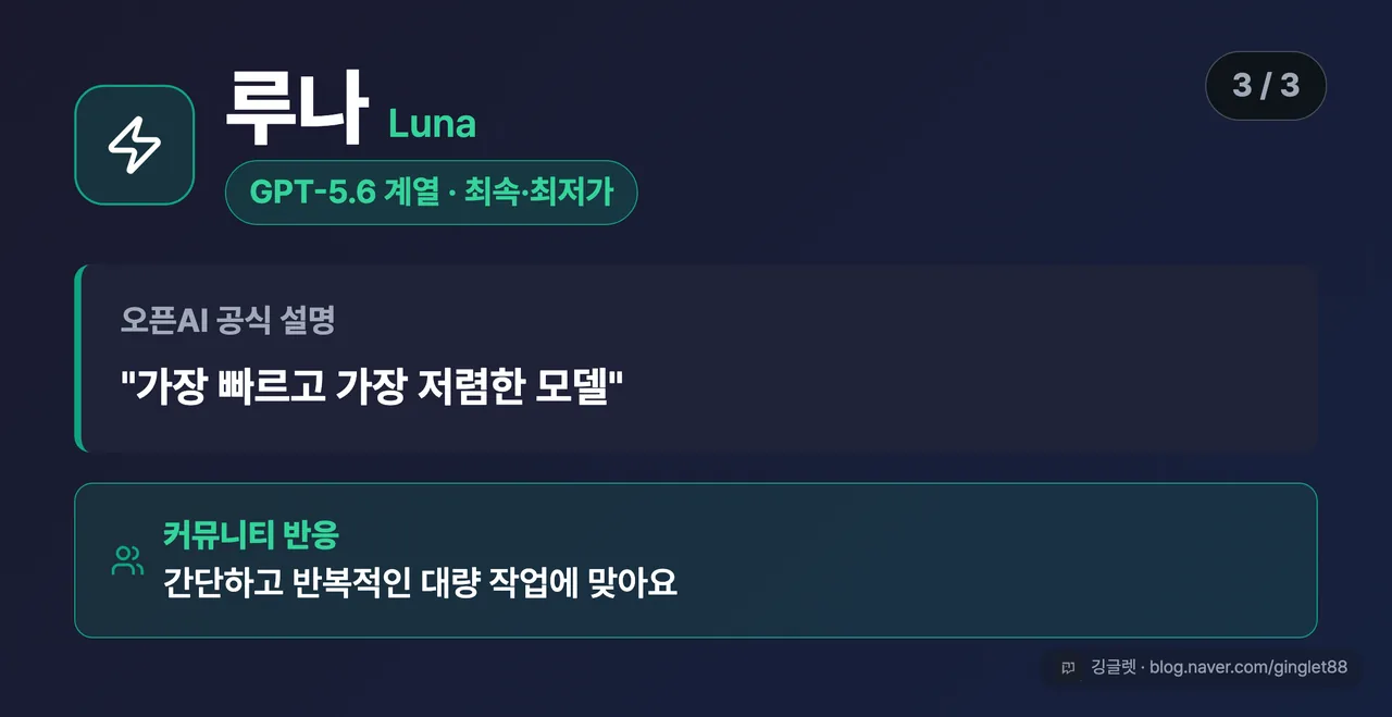 모델 카드 (시리즈 3/3) — 루나(Luna) 최속·최저가, 공식 설명 “가장 빠르고 저렴” + ‘대량·반복 작업’ 배지