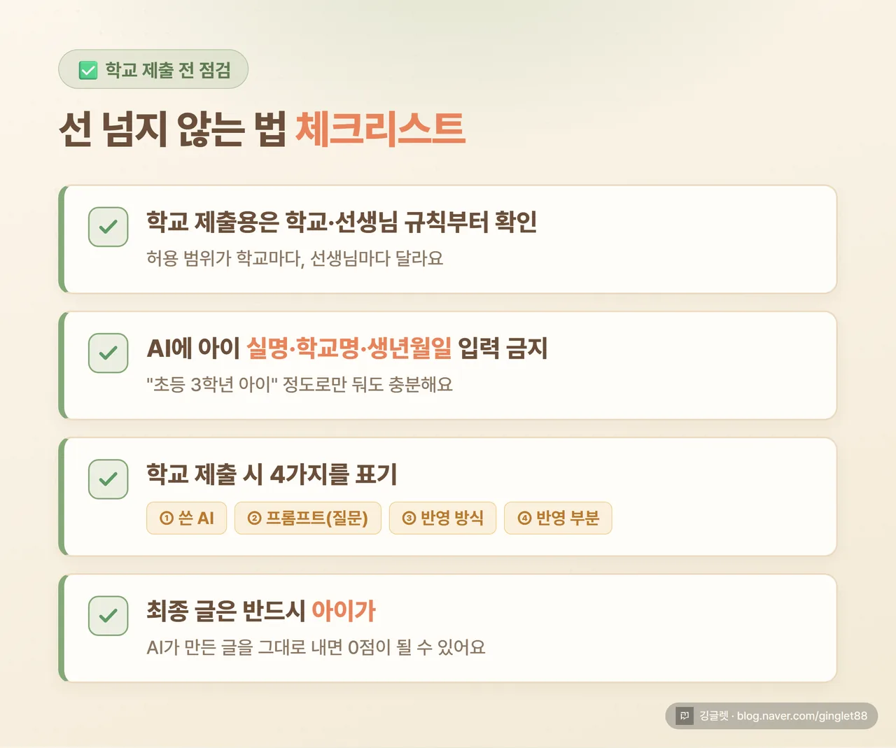 인포그래픽 - “선 넘지 않는 법 체크리스트”. 따뜻한 톤. 항목: ① 학교 제출용은 학교·선생님 규칙 먼저 확인 ② AI에 아이 실명·학교·생년월일 입력 금지 ③ 학교 제출 시 4가지 표기(쓴 AI / 프롬프트 / 반영 방식 / 반영 부분) ④ 최종 글은 반드시 아이가. 체크박스 아이콘, 크림색 배경