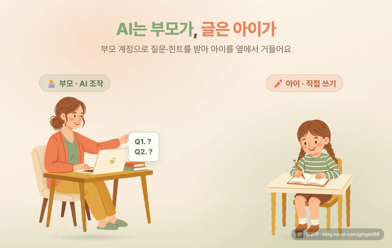 일러스트 카드 - 부모와 아이가 한 책상에. 부모는 노트북(AI)을 보며 종이에 질문을 적고, 아이는 그 옆에서 자기 공책에 연필로 직접 쓰는 장면. “AI는 부모가, 글은 아이가” 한 줄 카피. 따뜻한 주황·크림 톤