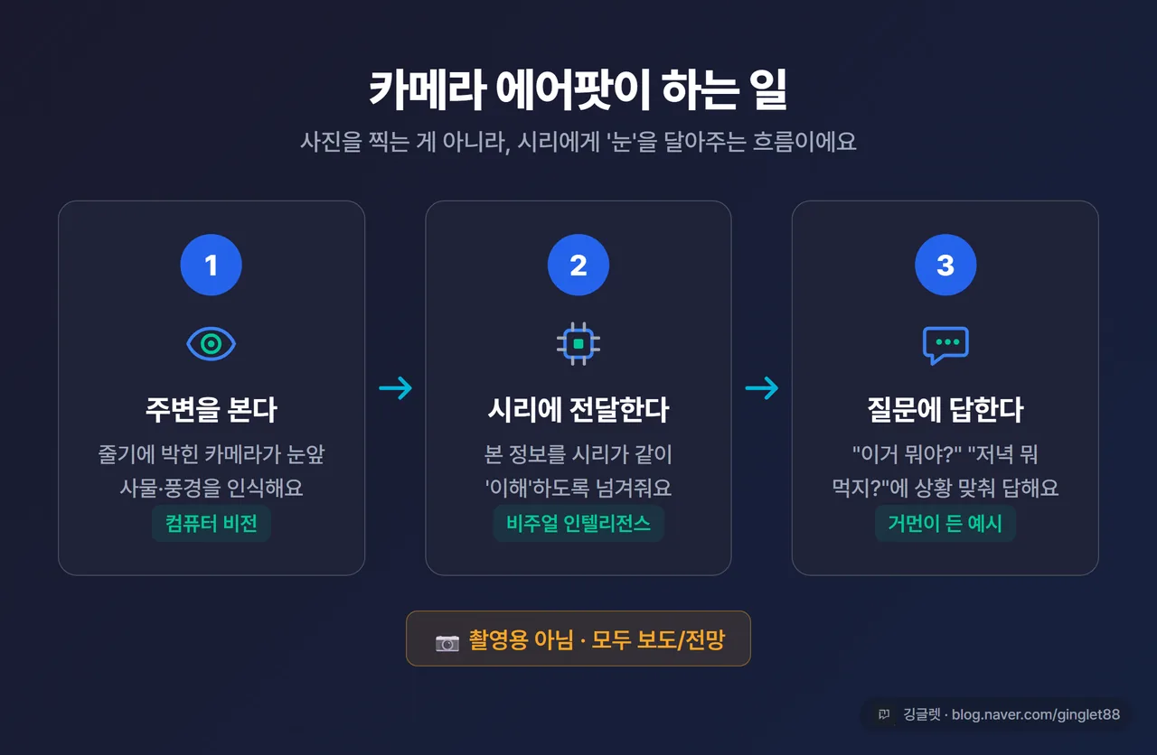 인포그래픽 - ‘카메라 에어팟이 하는 일’ 3단 흐름 카드. ①주변을 본다(컴퓨터 비전) → ②시리에 전달한다(비주얼 인텔리전스) → ③질문에 답한다. 하단 한 줄 “촬영용 아님 · 모두 전망”, 우하단 깅글렛 워터마크