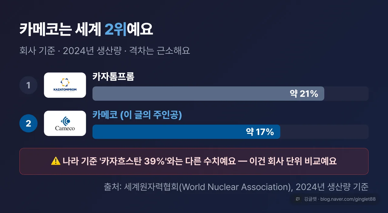 세계 우라늄 생산 점유율 막대 (회사 기준, 2024년) — 카자톰프롬 약 21%(1위) vs 카메코 약 17%(2위), 출처 World Nuclear Association. ⚠️ 나라 기준(카자흐스탄 39%)과 섞지 말 것
