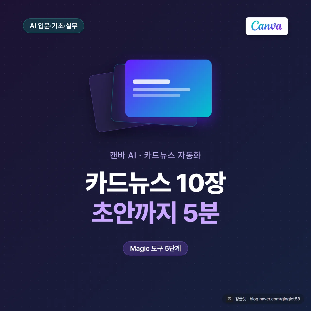 썸네일 - 네이비 배경에 “캔바 AI 카드뉴스 5단계” 큰 텍스트 + 카드뉴스 슬라이드 10장이 겹쳐 펼쳐진 목업, 우하단 깅글렛 로고