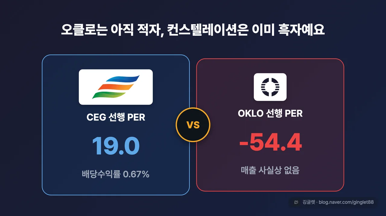 흑자 vs 적자 대비 히어로 넘버 - CEG 선행PER 19.0·배당 0.67% vs OKLO 선행PER -54.4(적자·매출 사실상 없음)