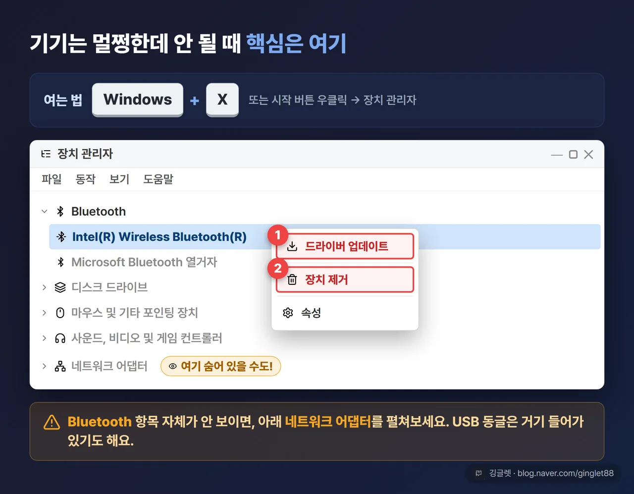 윈도우 11 장치 관리자 트리 UI 목업 - Bluetooth 어댑터 우클릭 메뉴에서 드라이버 업데이트·장치 제거 강조, 네트워크 어댑터에 숨어있을 수도 콜아웃
