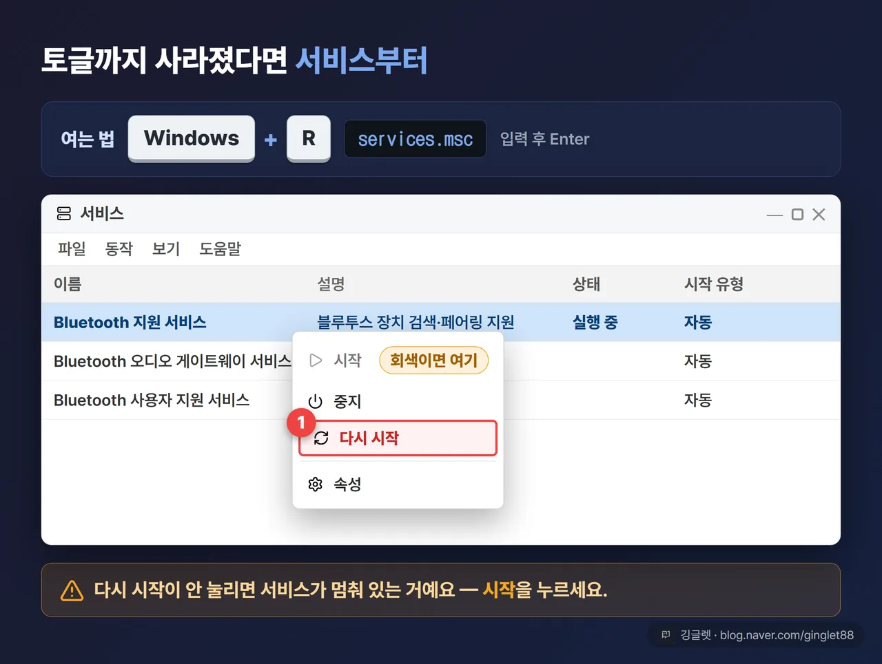 윈도우 11 services.msc 창 UI 목업 - Bluetooth 지원 서비스 선택 후 우클릭 메뉴에서 다시 시작 강조, 회색이면 시작 콜아웃