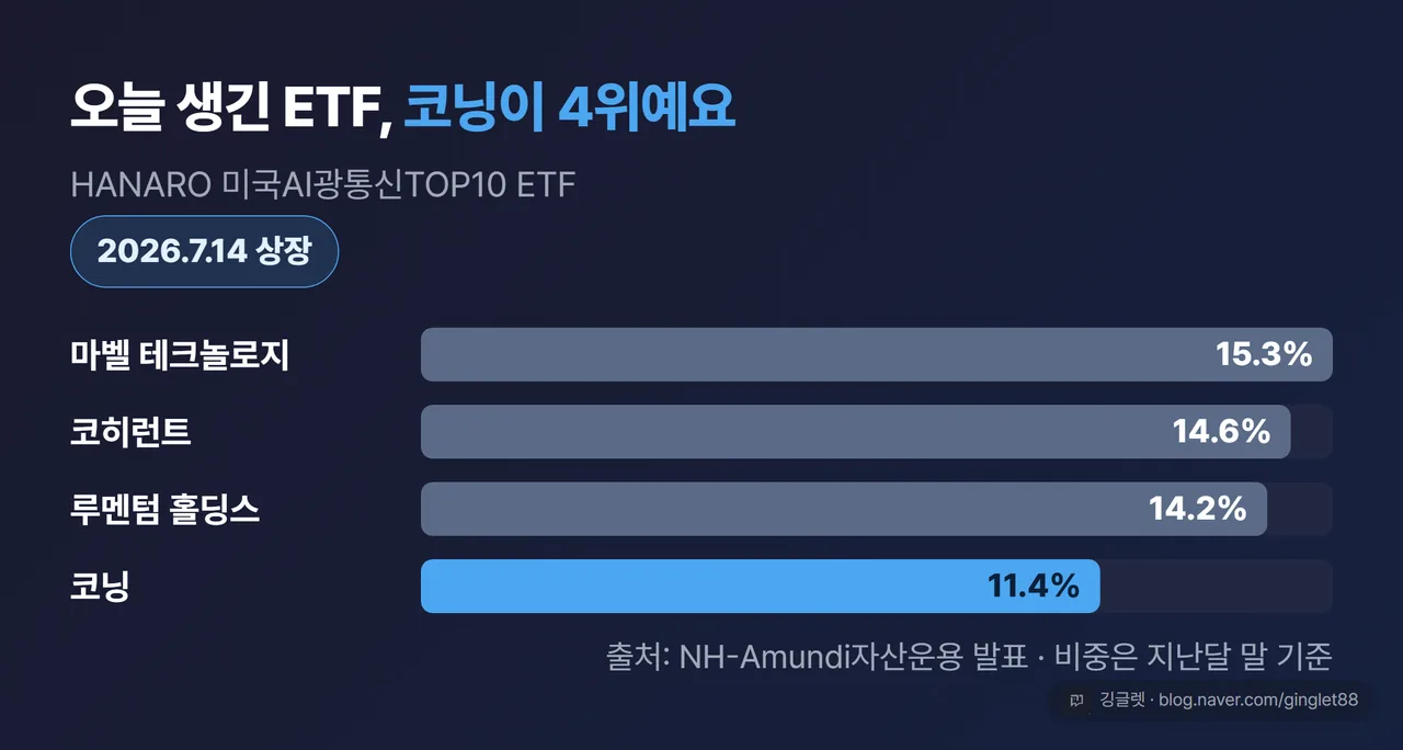 HANARO 미국AI광통신TOP10 ETF 상위 편입 비중 히어로 카드 - 코닝 11.4%로 4위