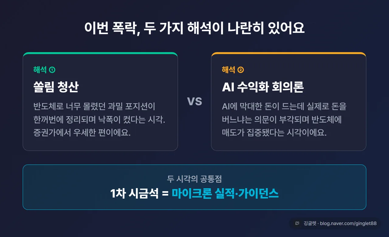 인포그래픽 - “폭락 원인, 두 가지 해석” 좌우 비교 카드: 왼쪽 “쏠림 청산(과밀 포지션 정리)” / 오른쪽 “AI 수익화 회의론” / 하단 공통 “1차 시금석 = 마이크론 실적·가이던스”