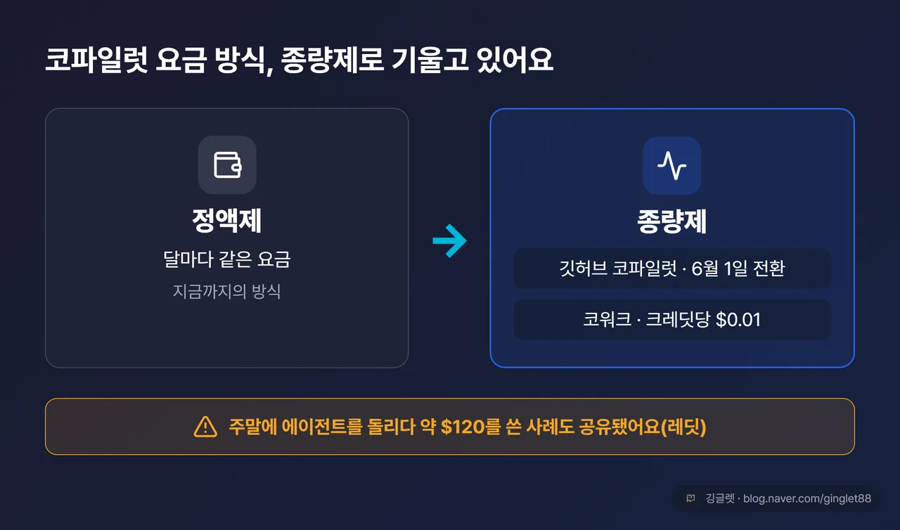 ‘정액제 → 종량제’ 전환 카드 — 왼쪽 정액(월 고정 요금) vs 오른쪽 종량(깃허브 코파일럿 6.1 전환 · 코워크 크레딧당 $0.01), 하단 주의 밴드 “주말 에이전트 사용으로 약 $120 지출 사례(레딧)”