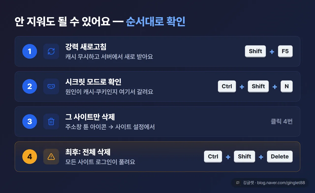 진단 4단계 플로우차트: ① 강력 새로고침 → ② 시크릿 모드로 원인 확인 → ③ 그 사이트만 삭제 → ④ 최후 전체 삭제(부작용 고지), 각 단계 아래 해당 단축키