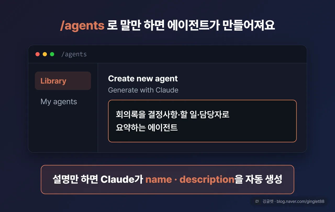 /agents 대화형 생성 화면 목업 - 설명만 하면 Claude가 name·description 자동 생성