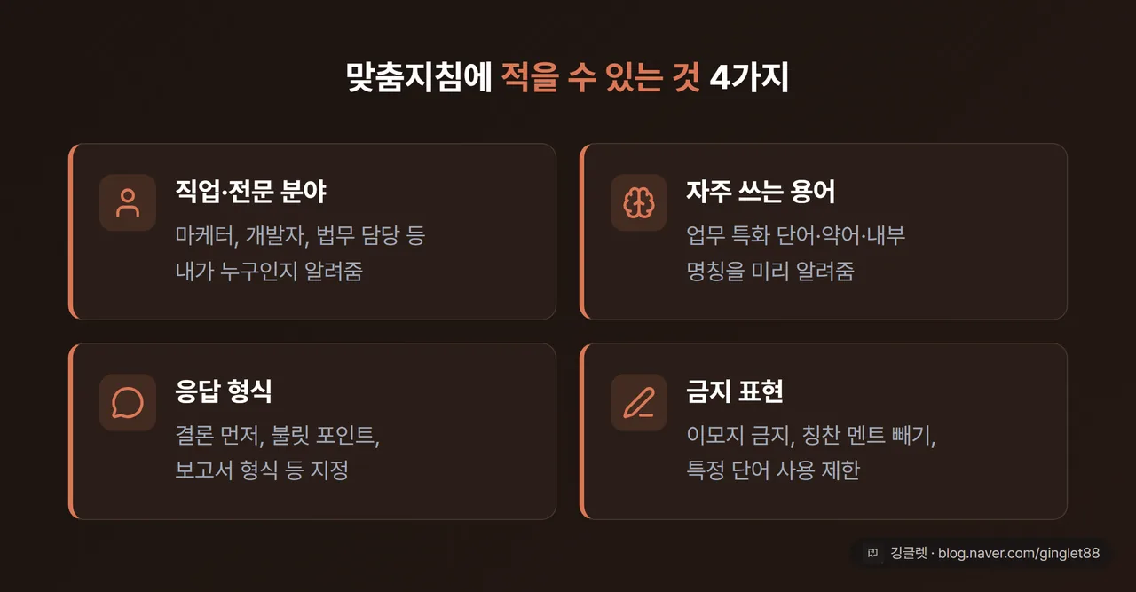 맞춤지침에 적을 수 있는 것 4가지 - 직업, 용어, 응답 형식, 금지 표현