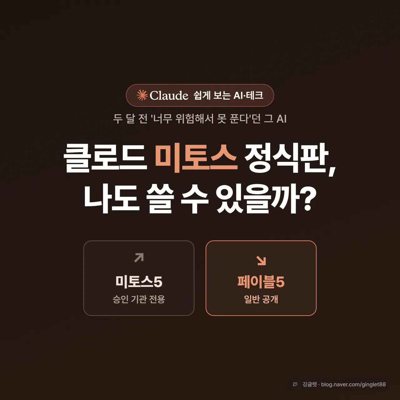 썸네일 - “클로드 미토스 정식판, 나도 쓸 수 있을까?” 큰 제목 텍스트와 미토스5/페이블5 두 갈래 화살표 아이콘, 주황(#D97757) 배경에 화이트 글씨