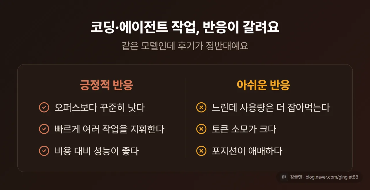 코딩 반응 찬반 카드: 긍정(오퍼스보다 낫다·빠른 지휘·가성비) vs 부정(느림·토큰 소모 큼·애매한 포지션)