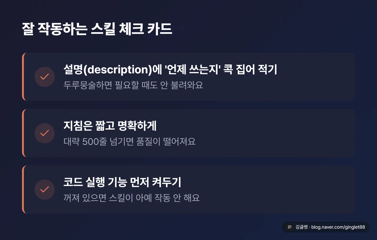 “잘 작동하는 스킬 체크 카드” — 3칸 체크리스트: ① 설명(description)에 ‘언제 쓰는지’ 콕 집어 적기 ② 지침은 짧고 명확하게(500줄 넘기지 않기) ③ 코드 실행 기능 먼저 켜두기. 각 항목에 체크 아이콘