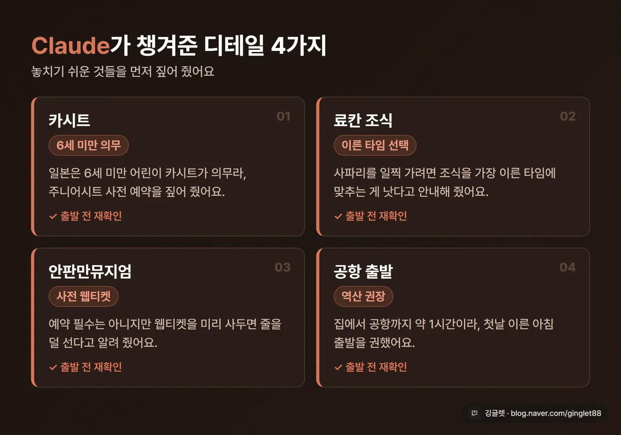 Claude가 챙겨준 디테일 카드 4종 - 카시트 6세 미만 의무, 료칸 조식 이른 타임, 안판만 웹티켓, 공항 출발 역산