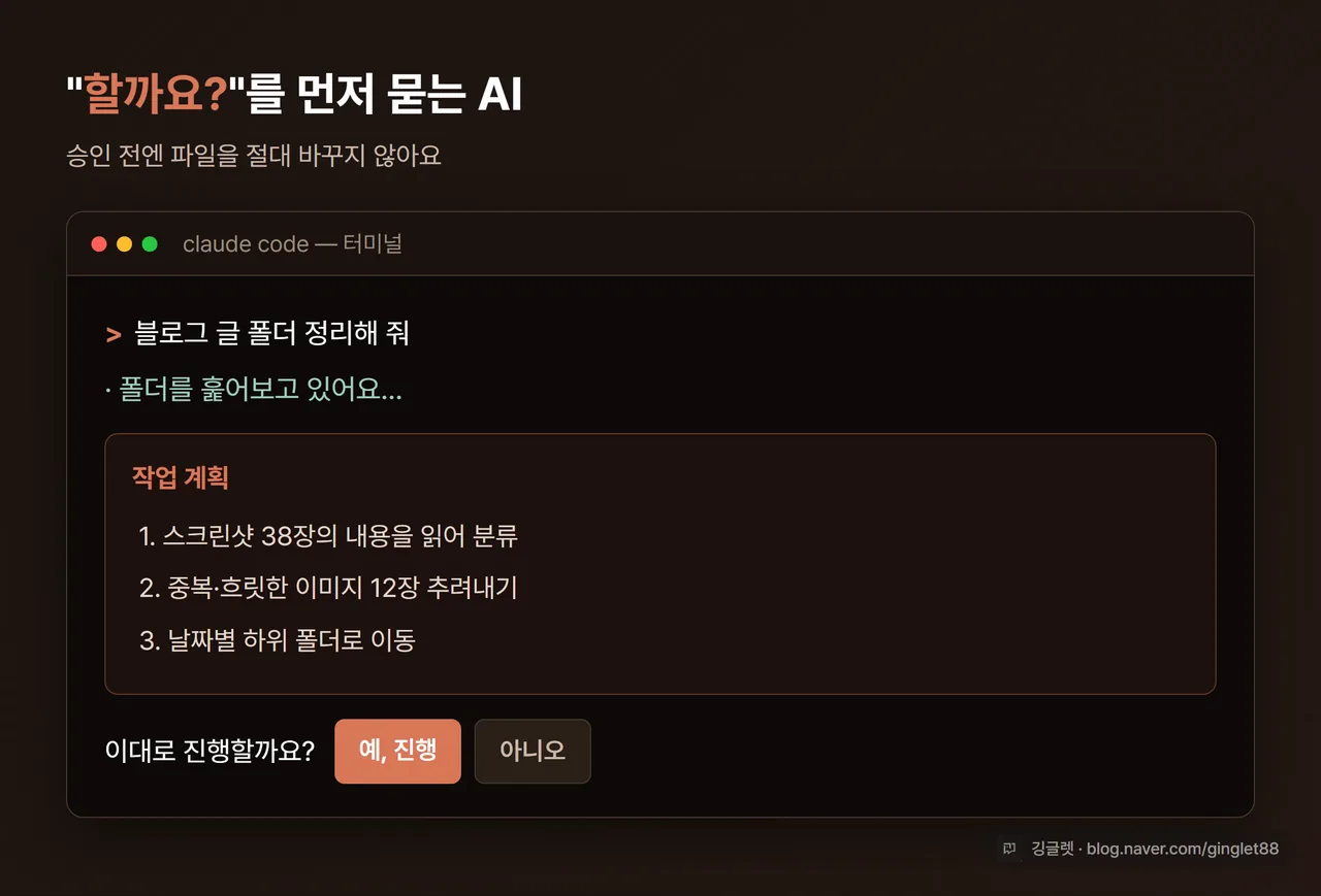 클로드 코드 터미널 실행 화면 캡처, 자연어 명령에 작업 계획을 보여주고 승인을 기다리는 모습