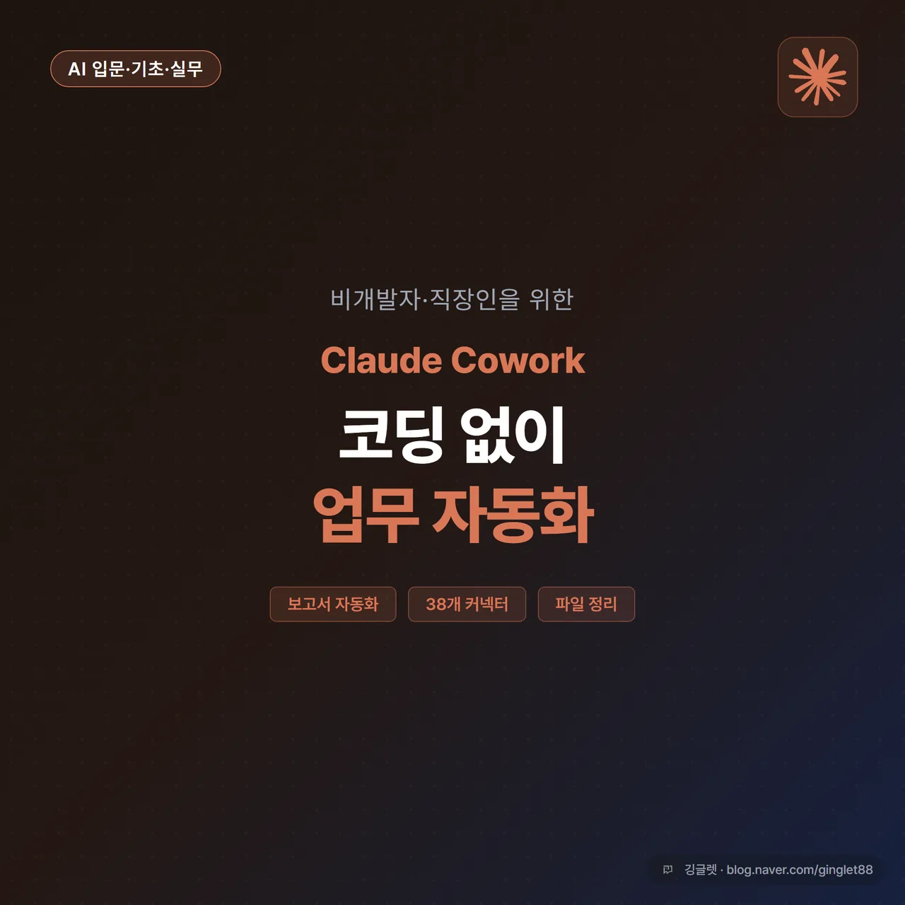 썸네일 - “클로드 코워크 직장인 활용법” 텍스트 중앙 배치, 네이비 배경에 그린 포인트 컬러, Claude 로고 아이콘 우상단