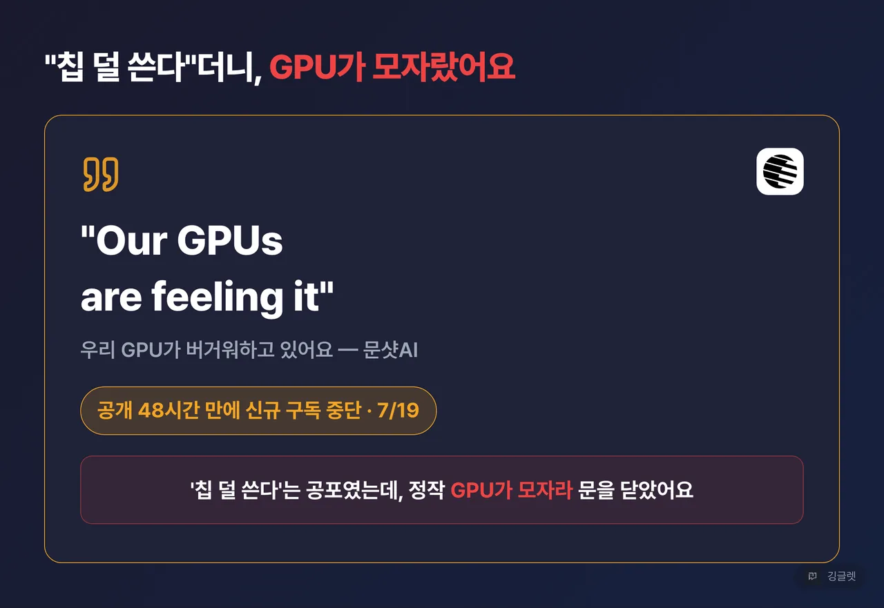역할=쇼피스 | “Our GPUs are feeling it” 인용 히어로 카드 — “공개 48시간 만에 신규 구독 중단(7/19)” 배지 + “칩 덜 쓴다는 공포 vs 정작 GPU 부족” 아이러니, Moonshot AI 로고