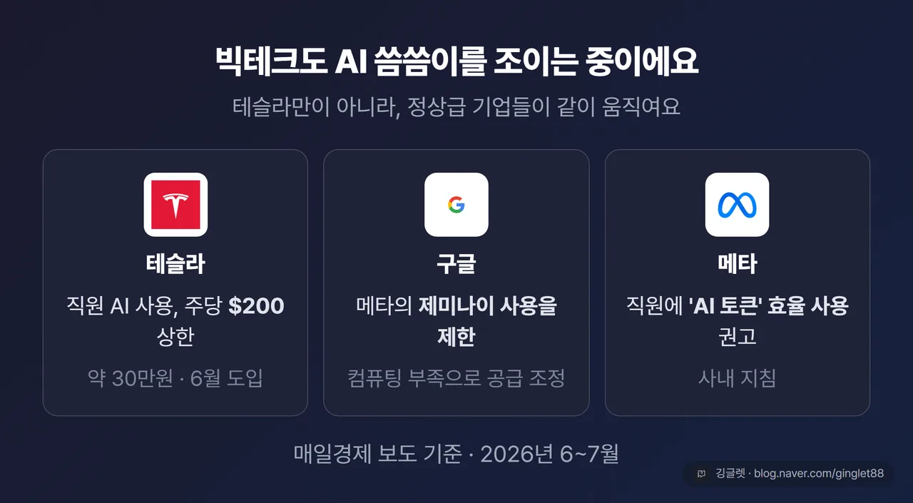 빅테크 AI 비용 통제 흐름 — 테슬라(직원 주당 $200 상한)·구글(메타 제미나이 제한)·메타(“AI 토큰 효율 사용”) 3사 나열 카드