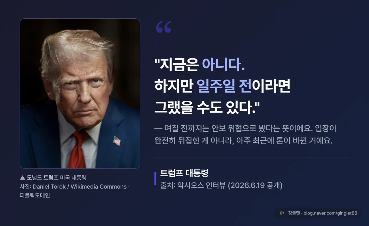 인용 카드 - 다크 네이비 배경에 큰 따옴표와 “지금은 아니다. 하지만 일주일 전이라면 그랬을 수도 있다.” 인용문, 하단에 “출처: 악시오스 인터뷰 (2026.6.19 공개)” 캡션