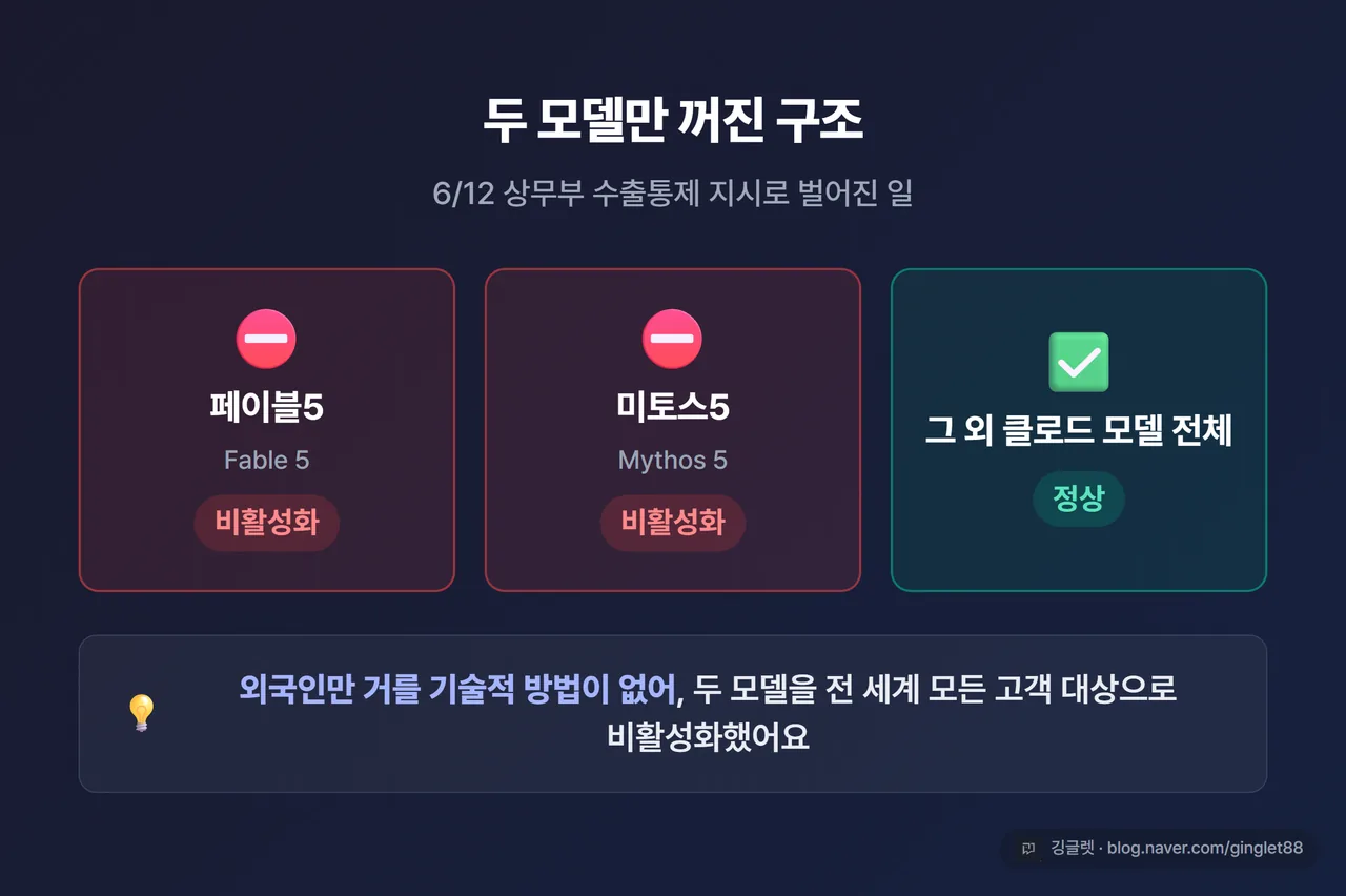 다이어그램 - “두 모델만 꺼진 구조”. 페이블5·미토스5는 빨간 ‘비활성화’ 표시, 나머지 클로드 모델은 초록 ‘정상’ 표시. 옆에 “외국인만 거를 방법이 없어 전 고객 대상으로 비활성화” 설명