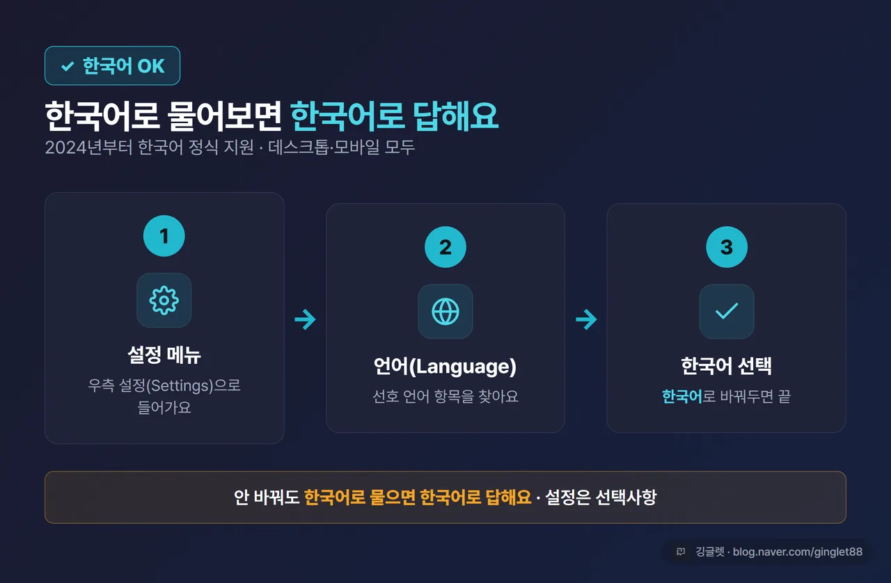 안내 카드 - “한국어 OK” 체크 + 설정 → 언어 → 한국어 선택 흐름을 3단계 아이콘으로. “그냥 한국어로 물어봐도 한국어로 답함” 문구