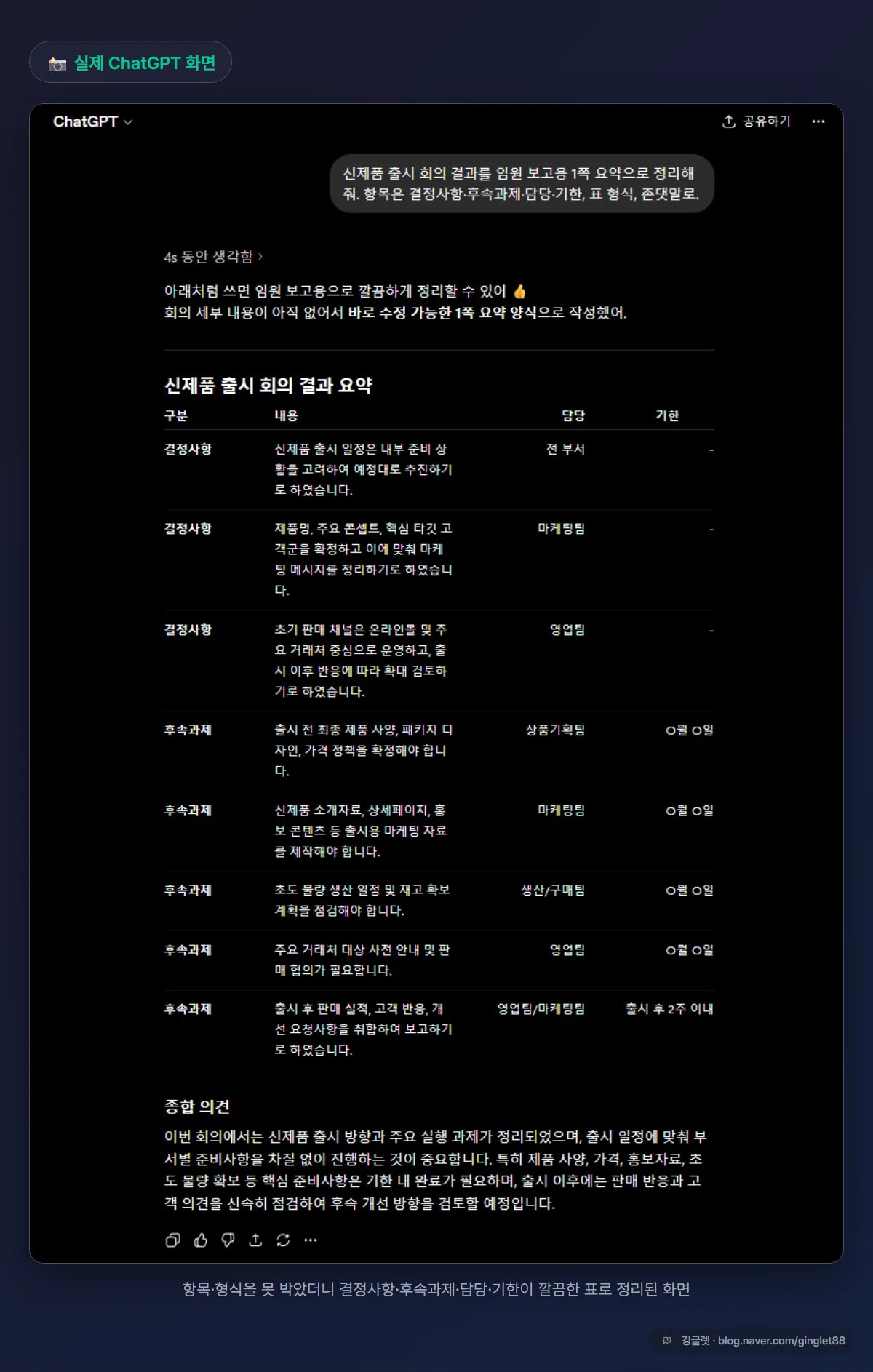 구체 프롬프트(임원 보고용 1쪽 요약·항목·표·존댓말 지정)에 ChatGPT가 결정사항·후속과제·담당·기한 표로 답한 실제 화면