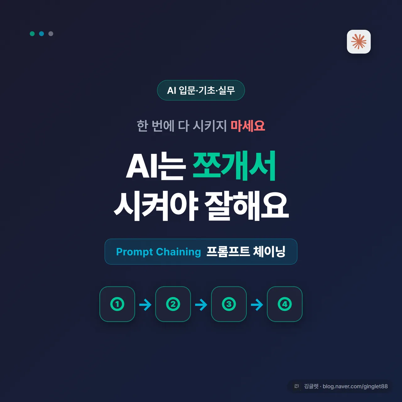 썸네일 - “한 번에 다 시키지 마세요”와 “프롬프트 체이닝” 텍스트, 네이비 배경에 ①→②→③→④ 단계 화살표 흐름도, 그린 포인트
