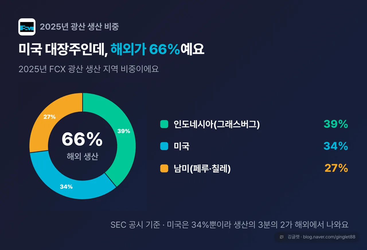 FCX 2025년 생산 지역 비중 도넛차트 — 인도네시아 39%·미국 34%·남미 27%(해외 66%)