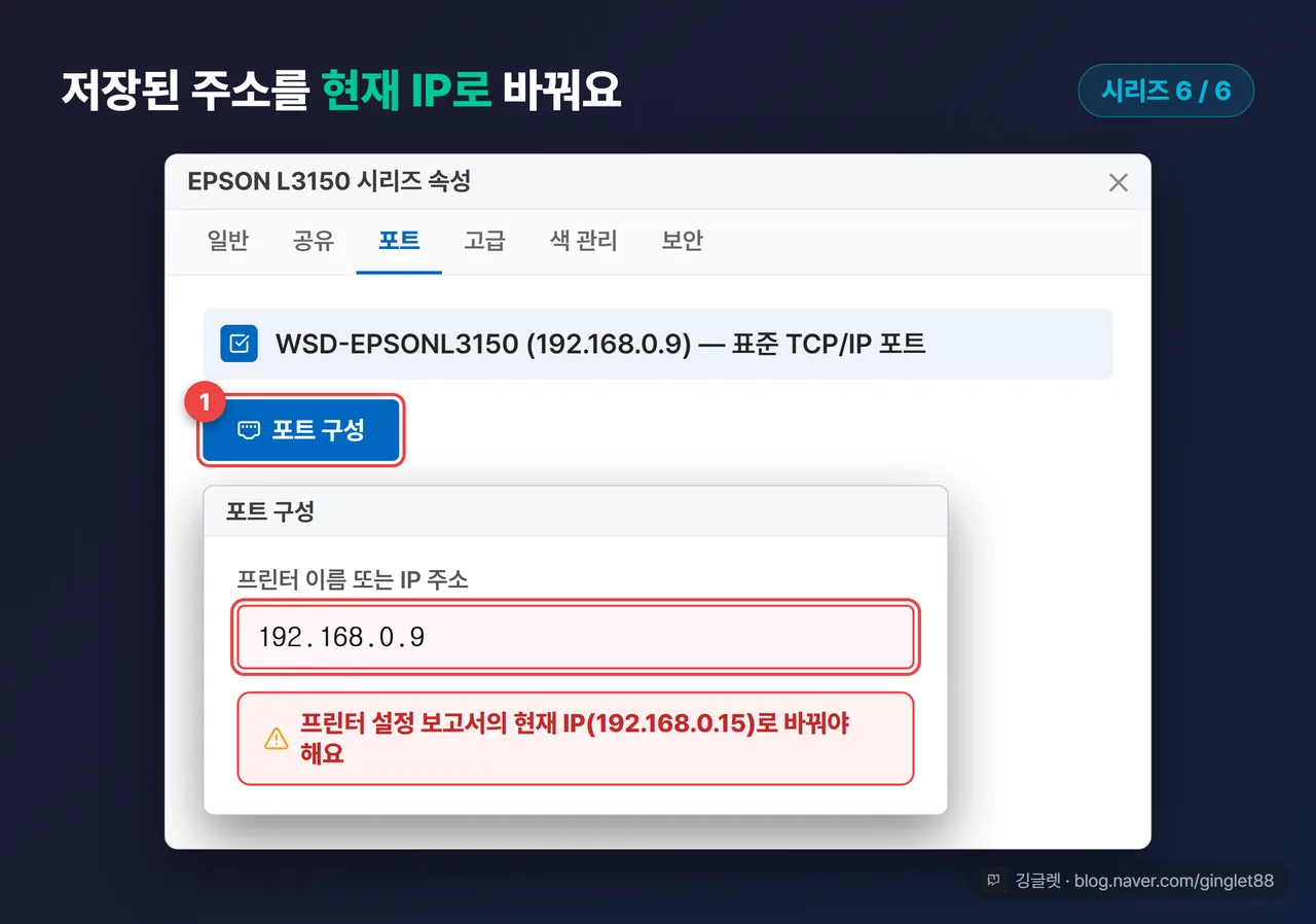 따라하기 UI 목업 (시리즈 6/6) — “프린터 속성” 창 “포트” 탭 → “포트 구성” 버튼 → “프린터 이름 또는 IP 주소” 입력칸 강조, 옆에 “프린터 설정 보고서의 현재 IP와 같아야 해요” 콜아웃