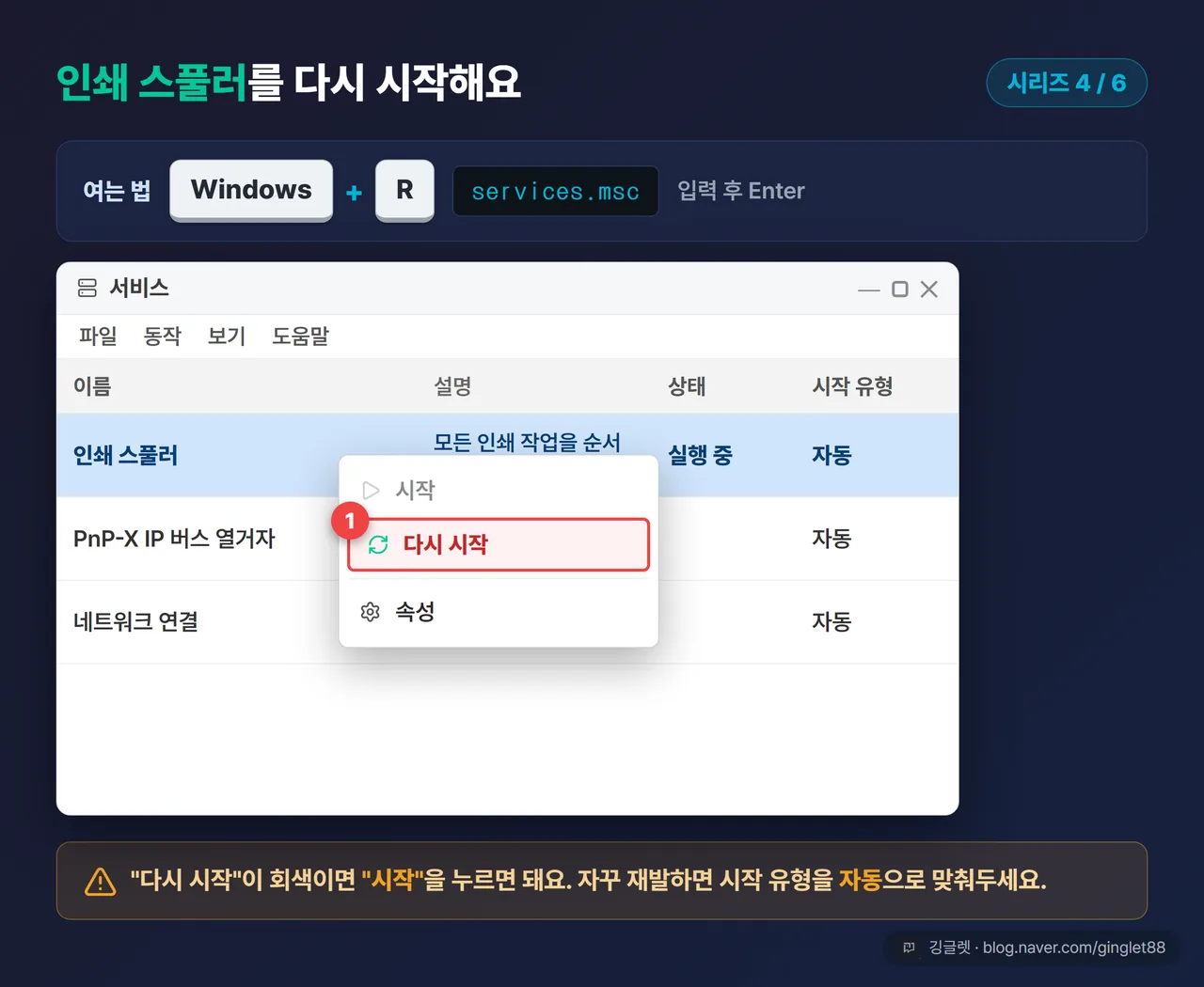 따라하기 UI 목업 (시리즈 4/6) — services.msc 서비스 목록에서 “인쇄 스풀러(Print Spooler)” 행 우클릭 → “다시 시작” 메뉴 강조, 좌상단에 Win+R “services.msc” 미니 입력창