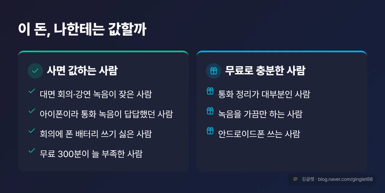 사면 값하는 사람 vs 무료로 충분한 사람 2열 정리