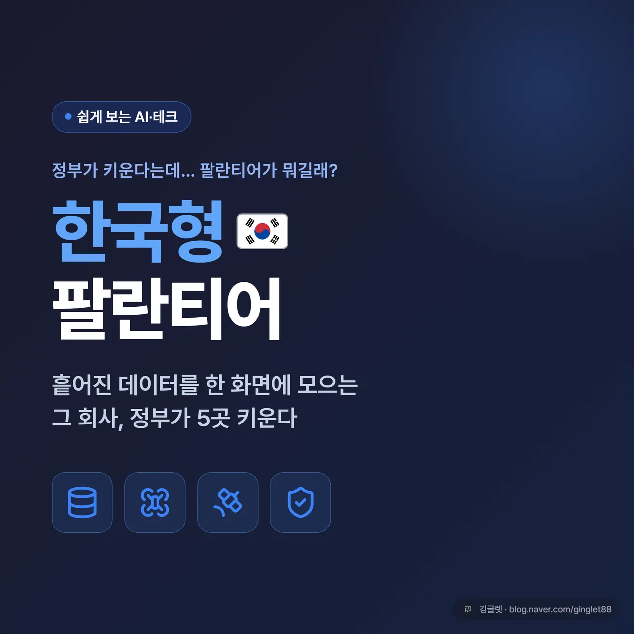 썸네일 - 네이비 배경에 “한국형 팔란티어” 큰 글씨, 그 아래 “정부가 키운다는데… 팔란티어가 뭐길래?” 부제, 우측에 데이터·드론·우주 아이콘, 깅글렛 로고