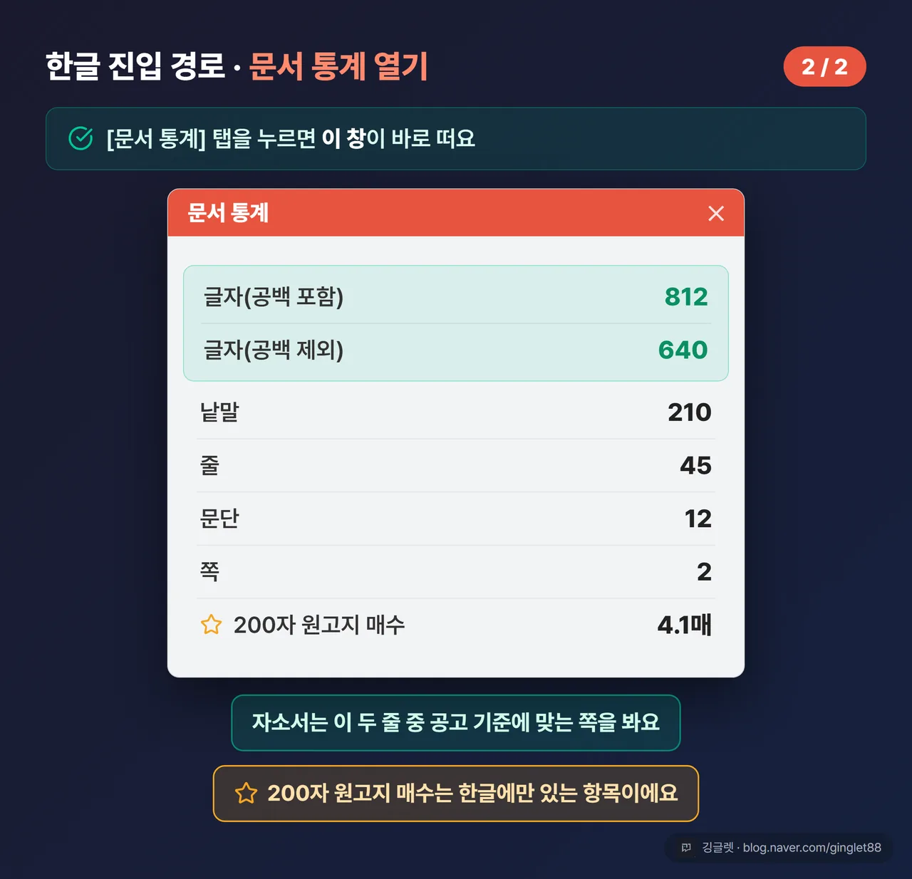 한글 [문서 통계] 대화상자 UI 목업 (시리즈 2/2)