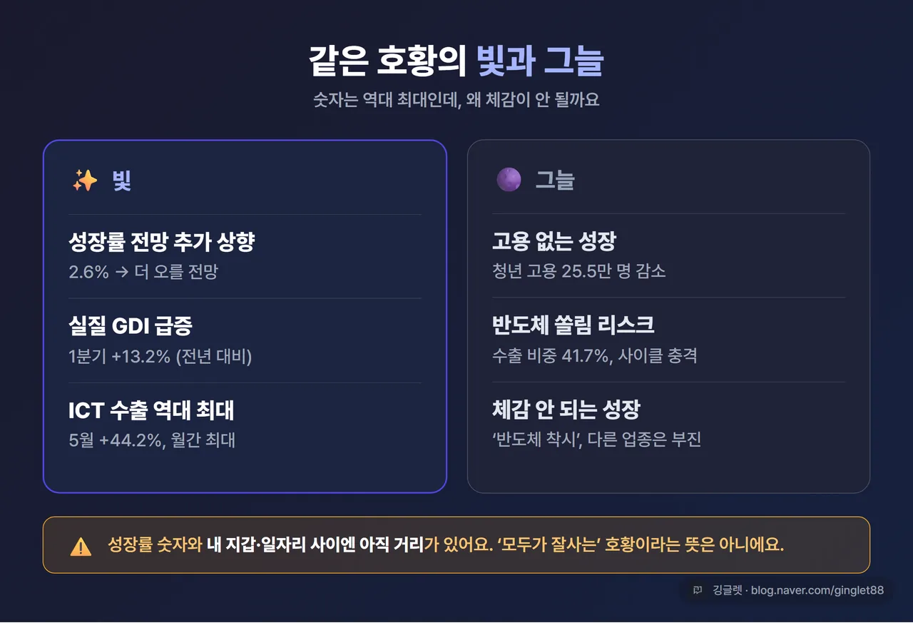 인포그래픽 - “호황의 빛 vs 그늘” 2단 대비표. 빛: 성장률↑ / GDI +13.2% / ICT 수출 역대 최대. 그늘: 고용 없는 성장(청년 고용 25.5만 명 감소) / 반도체 비중 41.7% 사이클 리스크 / 체감 안 되는 성장. 좌측 그린·우측 회색톤