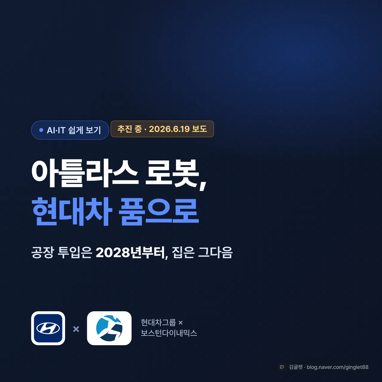 썸네일 - “아틀라스 로봇, 현대차가 100% 품다 / 공장 투입 2028년” 큰 글씨, 휴머노이드 로봇 실루엣과 블루(#2563EB) 배경