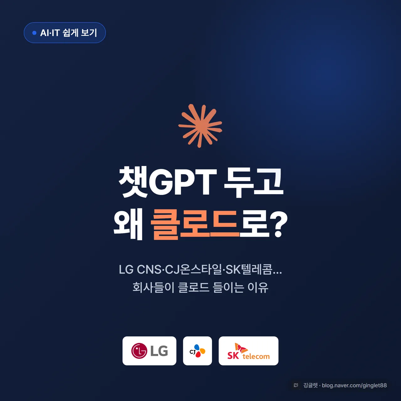 썸네일 - 블루 배경(#2563EB)에 “챗GPT 두고 왜 클로드로?” 큰 글씨, 아래 작게 “LG CNS·CJ온스타일·SK텔레콤… 회사들이 클로드 들이는 이유”, 우하단 깅글렛 워터마크